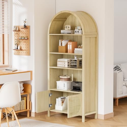 VINGLI 70" Arched Display Cabinet with 5 Shelves, Rattan Storage Cabinet 5 Tier Arched Bookshelf, Wood Tall Bookcases, Sturdy, Stylish for Living Room Bedroom Dining Room Office Study Room, Oak - color: White Oak