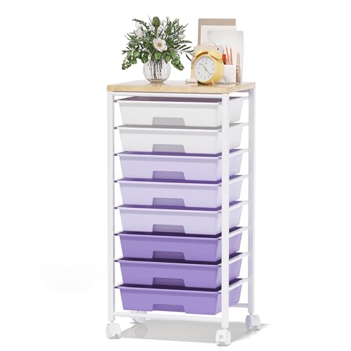 Rolling Cart with 8 Drawers, Storage Drawers Cart with Wooden Tabletop and Lockable Wheels, Craft Storage for Living Room, Office, Classroom, Craft Room, Bedroom (Purple) - color: Purple