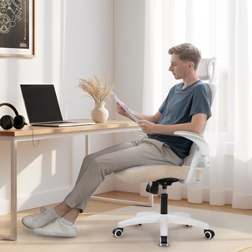 NEO CHAIR Office Desk Chair Gaming Computer High Back Support Mesh Comfy Seat with Adjustable Ergonomic Headrest Lumbar Rolling Flip-up Armrests and Wheels (Beige) - color: Beige