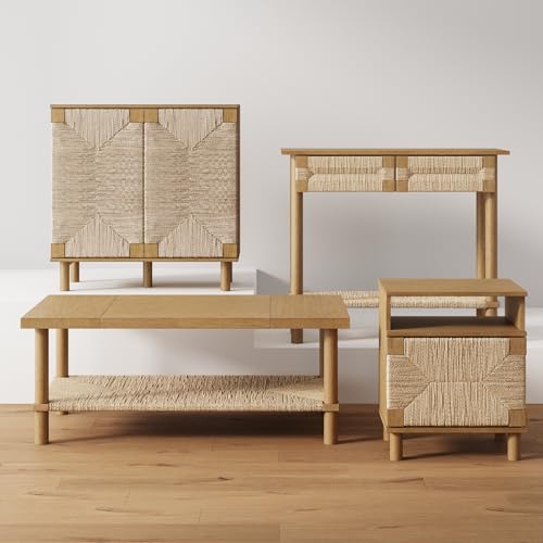 Nathan James Beacon Wooden Sofa Console Table with Drawers, Bohemian Entryway Table, Hallway Table with Seagrass Shelf, Light Brown - color: Beacon Light Brown/Seagrass, size: Set of 1