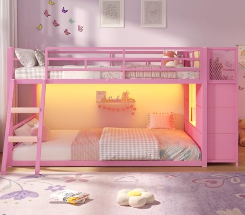 BTHFST Low Bunk Bed Twin Over Twin with 7 Large Fabric Drawers & Bookshelf, Metal Bunk Bed with RGB LED Lights & Slanted Ladder & Safety Guardrail, Space-Saving Kids Low Loft Bed Twin, Pink - color: Pink