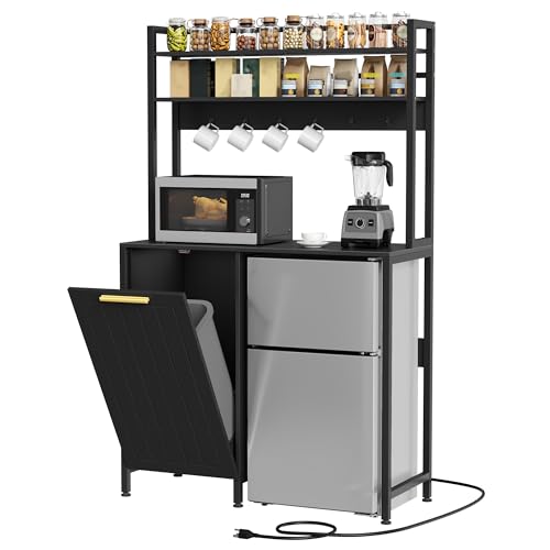 DWVO Fridge Stand with Tilt Out Trash Can Fit 10 Gallon | Mini Storage Bakers, Kitchen Rack with Power Outlets, Freestadning Coffee Bar Cabinet, 3-Tiers Coffee Stand Station - style: Antique-Black