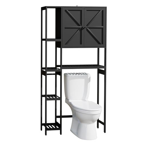 Bamboo Over The Toilet Storage, Above Toilet Organizer Storage Shelf Stand, Tall Freestanding Behind Toilet Rack, Tiered Bathroom Space Saver Shelving, Easy Assembly (Black) - color: Black