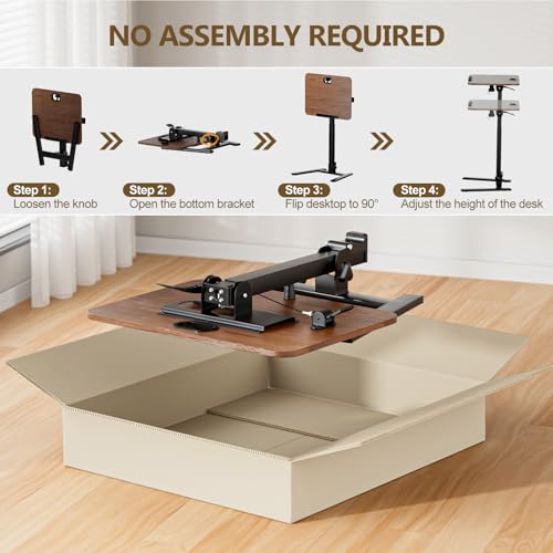 25 Inch Mobile Foldable Standing Desk for Home Office, Brown | 180 Tiltable Desktop, Height Adjustable, No Assembly Computer Workstation, Portable Rolling Laptop Table, Sit-Stand Desk - color: Brown