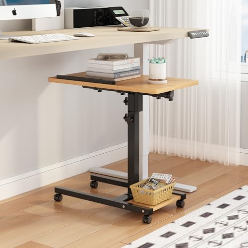 TigerDad Mobile Adjustable Height Laptop Stand PC Computer Portable Notebook Swivel Laptop Desk Rolling Table Desk Cart Tiltable with Wheels Casters& Mouse Pad Table - color: Wood