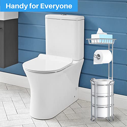 Toilet Paper Holder Stand with Shelf for Phone, Bathroom Free Standing Tissue Roll Storage Rack with Dispenser for 4 Mega Rolls, Chrome - color: Chrome