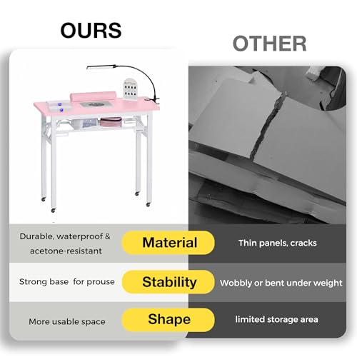 Portable Foldable Manicure Table with Dust Collector, Rolling Nail Tech Desk with LED Lamp, Wrist Rest, Lockable Wheels & Carrying Case for Home Salon, Travel & Mobile Nail Techs (Pink) - color: Pink