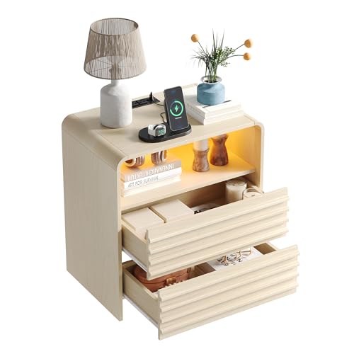 Fameill Fluted Nightstands,Nightstand with Charging Station,LED Night Stand with Two Drawers,Bedside Table with USB Ports and Outlets,Modern End Table for Bedroom (White) - color: White