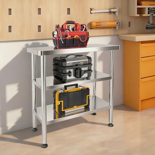 30x14x35in 3-Tier Stainless Steel Work Table with Casters & Foot Pads, Adjustable Shelves, 330 lbs Load Capacity, Space-Saving Metal Utility Cart for Small Spaces, Kitchen, Garage, Restaurant, Home - size: 30x14x35 Inches