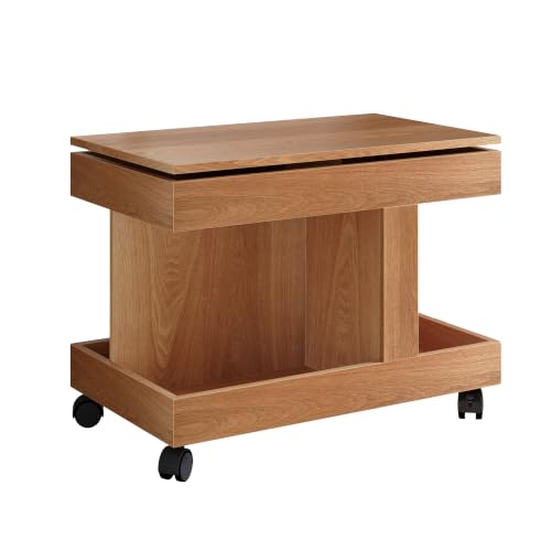 Multifunctional End Table with Wheels and 360° Rotating Desktop | Rolling Design, Storage Compartment, Sofa Side Narrow Table, Bedside Use, Living Room & Bedroom - color: Natural-7.15