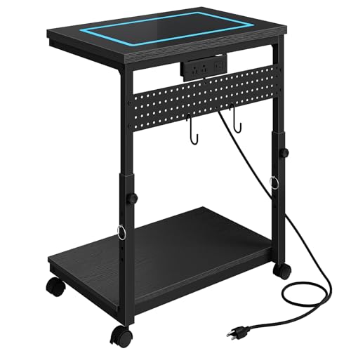 CHOEZON 31.5" Large Computer Tower Stand with Power Outlet, Under-Desk PC Cart with 2 Hooks, PC Stand with LED, Height Adjustable PC Tower Holder on Wheels, for Living Room, Office, Black TCJ51UDBB
