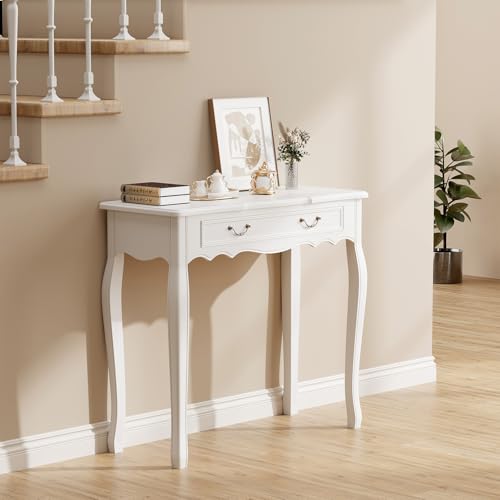 White Entryway Table with 1 Drawer Console Table for Entryway Entrance Table for Hallway, Living Room, Foyer, Easy Assembly (Legs Only), 13.77D x 34.64W x 30.7H in - color: White