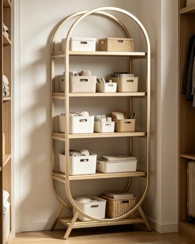 Bookshelf Arched Bookcase, Industrial 5 Tier Open Book Shelves with Metal Frame, 72" Tall Freestanding Display Rack for Home Office, Living Room,Nature Wood and Gold - color: Nature Wood & Gold, size: 5 Tier Arched