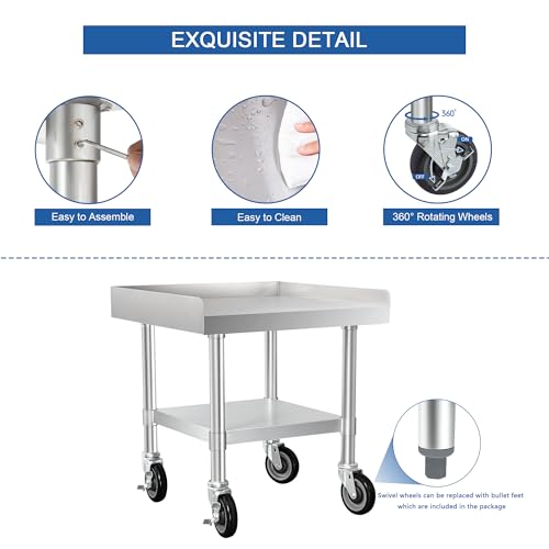 HARDURA Stainless Steel Equipment Work Stand 24" x 24" Prep Table with Under Shelf and Caster for Commercial & Workplace, Home, Hotel, Garage - size: 24" x 24"