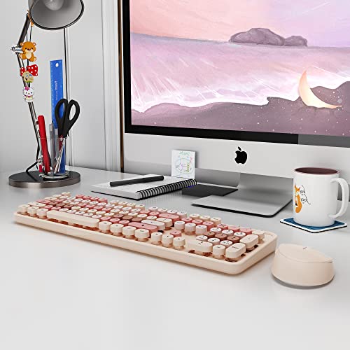 KOOTOP Wireless Keyboard and Mouse, Cute Keyboard and Mouse Combo with Retro Round Keycap, 2.4G Connectivity for PC, Mac, Laptop, Computer Windows (Milk Tea) - color: 3 Milk Tea