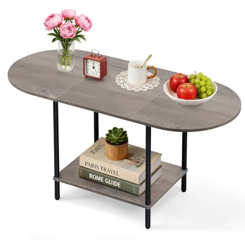 Small Coffee Table,35.4'' Oval Coffee Table with Storage Shelf & Metal Frame,Low Cocktail Tea Accent Table for Apartment,Modern Mid Century Small Living Room Table,Rustic Grey - color: Grey