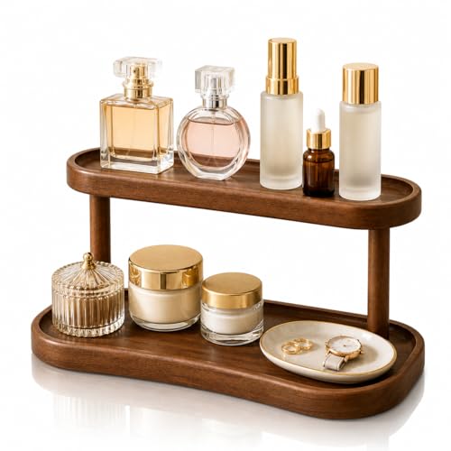 Adkoat® Two Tier Bathroom Desktop Countertop Organizer - Pine Wooden Perfume Vanity Stand Counter Shelf for Cologne Skincare Makeup Dresser Organizer - Matcha Station | Mug Display - 12.6 x 6.3 x 7.5