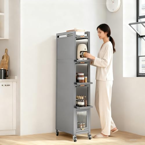Rolling Spice Rack Next to Fridge Slim, Freestanding Narrow Tall Sideboard Shelf, with Transparent Flap Door Design, Pull Out Cabinet Organizer for Small Space Kitchen Space Saving (Grey, 5T-16cm) - size: 5T-16cm