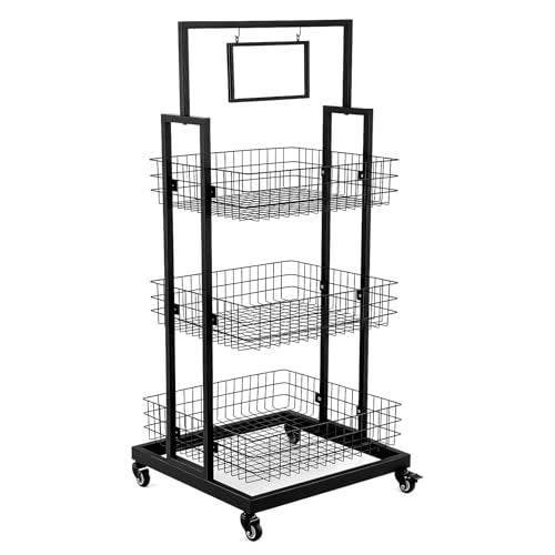 3-Tier Metal Wire Basket Display Cart with Lockable Casters and Blank Sign Holder Multipurpose Storage Rack for Snack Candy Fruit Bakery Convenience Store Kitchen Pantry