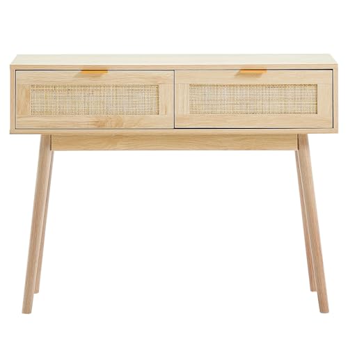 VEVOR Rattan Console Table with 2 Storage Drawers, Rattan Entryway Table with Natural Rattan Sliding Door, Console Sofa Table for Living Room, Study, Entryway Or TV Wall, Natural - size: 2 Drawers
