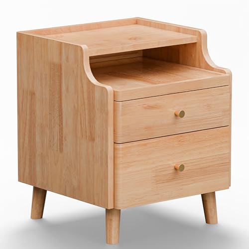 Nightstand with Drawers, Pre-Assembled, 19.7" H Natural Solid Wood Night Stand with Open Sliding Shelf, Mid Century Modern Small Bedside Table Cabinet for Bedroom, Natural Oak 16" - color: Oak, size: 16"