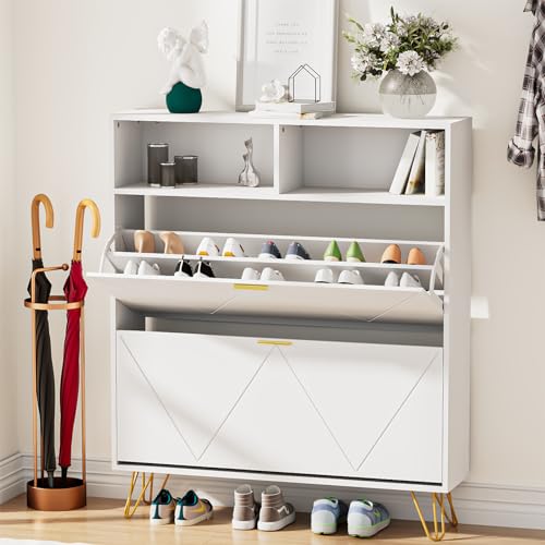 JOZZBY Large Shoe Cabinet for Entryway, 46'' Tall Narrow Shoe Storage Cabinet with 2 Flip Drawers and Open Shelves, White Freestanding Shoe Organizer for Hallway, Living Room - size: Smooth