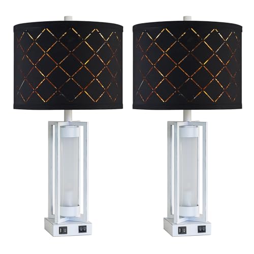 25" Set of 2 Farmhouse Table Lamps with USB C+A Ports | Rustic Retro Nightstand Lamps with White Night Light, Black Grid Shade, Desk Lamps for Bedroom Bedside, 4 Bulbs Included - color: White