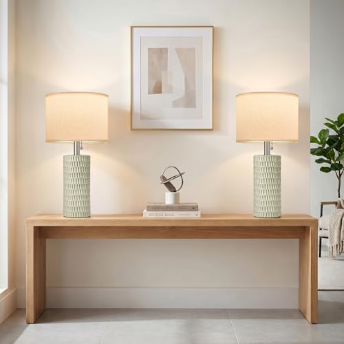 Reaketon Table Lamps for Living Room Set of 2, Ceramic Table Lamps for Bedroom, 20" Modern Lamps for Night Stands, Light Green - color: Light Green