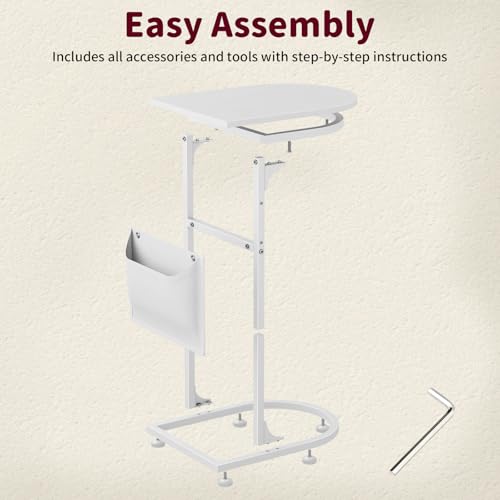 C Shaped End Table, Slide Under Small Side Table for Couch & Small Spaces | Wobble-Free C Table For Sofa, White, Storage Bag, Sturdy Metal Frame, Wood Top, Living Room & Bedroom, 15-Min Quick Assembly - color: Classic White