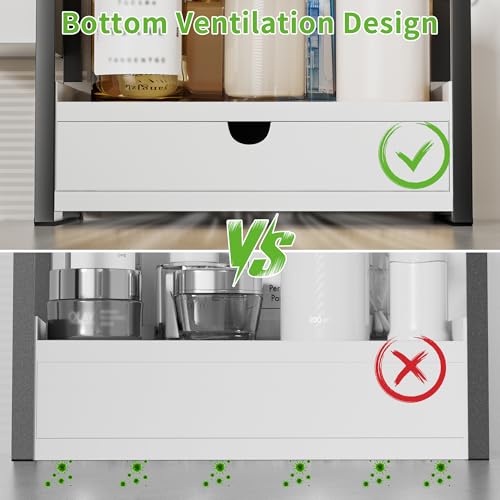 2-Tier Bathroom Counter Organizer, Wooden Vanity Shelf with Drawer & Basket | Pre-Drilled Holes, Skincare & Makeup Countertop Organizer and storage, White - color: White