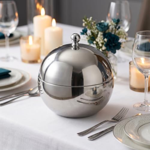 NUOBESTY Double Walled Ice Bucket with Lid and Tongs Stainless Steel Insulated Beverage Bucket for Wine Beer Juice Bar Parties Home Entertaining Spherical Shape 7.67 X 6.57 X 6.57 in