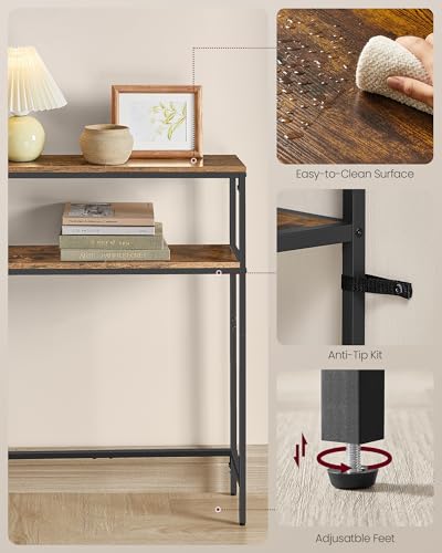 VASAGLE Console Table with Power Outlet, 2-Tier Narrow Sofa Table with 2 Shelves, 7.9 x 39.4 x 31.5 Inches, for Living Room, Hallway, Entryway, Rustic Brown and Ink Black ULNT136K01 - color: Rustic Brown + Ink Black, size: 39.4"W - With Power Outlet