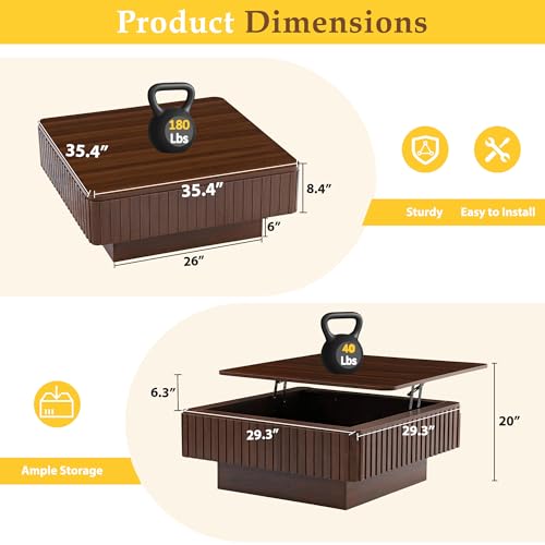 Lift Coffee Table with Hidden Storage & Adjustable Height, 35.4" Modern Fluted RGB LED Center Table with Charging Station, Wooden Accent Tea Table for Living Room & Small Apartment (Square) - size: Square