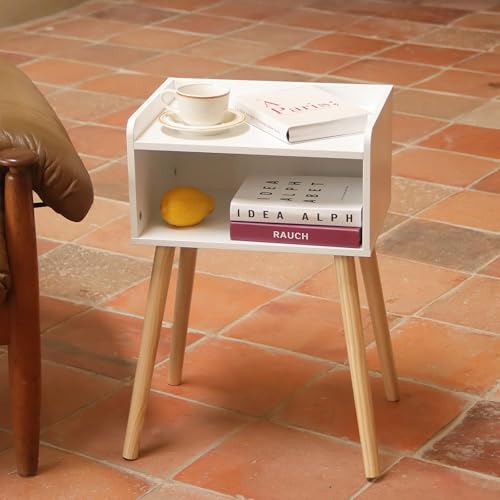 MaxSmeo White Nightstand, Small Bed Side Table for Small Spaces,Mid Century Modern Nightstand End Table with Storage and Solid Wood Legs for Bedroom Living Room(White) - color: White