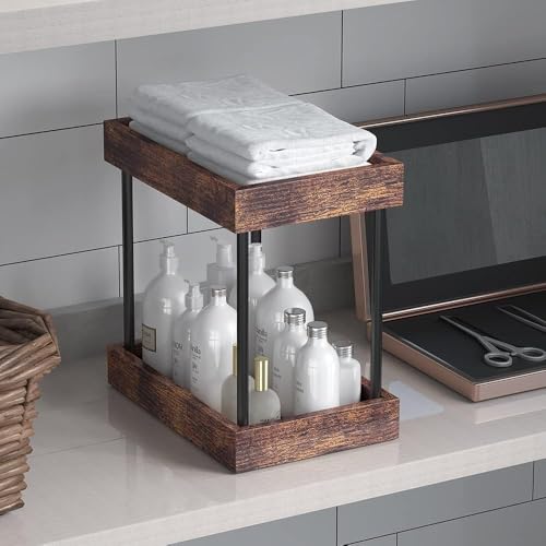 mahueeol 2-Tier Bathroom Counter Organizer with Wooden Trays | Two wooden trays organize cosmetics, skincare and toiletries on bathroom counters, vanities, kitchens and coffee stations - style: Retro