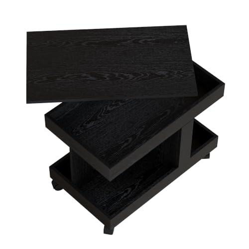 Multifunctional End Table with Wheels and 360° Rotating Desktop | Rolling Design, Storage Compartment, Sofa Side Narrow Table, Bedside Use, Living Room & Bedroom - color: Black-7.15