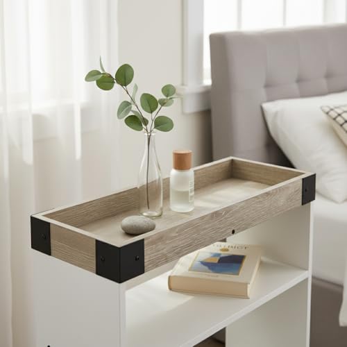Farmhouse Narrow Side Table with Tray Top & Magazine Rack, Oak & White Sofa Couch Side Table with Storage Shelf, 24" Slim End Table for Small Spaces, Modern Nightstand for Bedroom, Living Room - color: White & Oak