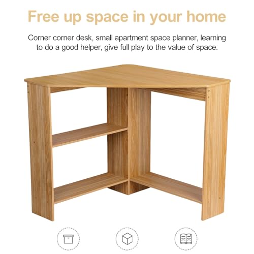 Corner Desk, Small Computer Desk with Drawers and Storage Shelves, Triangle Corner Computer Desk Writing Study Table for Home, Office, Workstation, Bedroom Light Brown