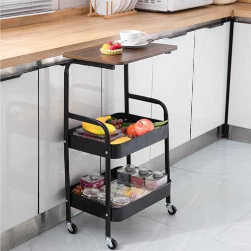 3-Tier Rolling Storage Cart with Wooden Top, Mobile Organizer on Wheels | Keeps books, folders and daily essentials neatly organized while adding convenient workspace in any room.