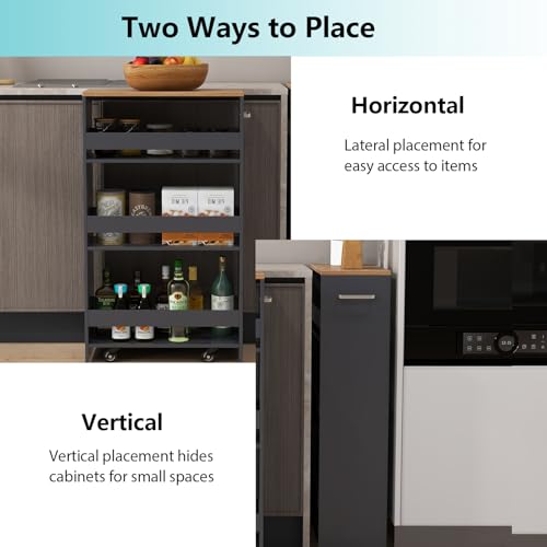 POWERSTONE 4-Tier Slim Storage Cart, Narrow Kitchen Rolling Cart w/Handle & Open Shelves, Skinny Slide Out Utility Organizer Trolley for Kitchen Bathroom Laundry Small Spaces Grey & Natural - color: Grey