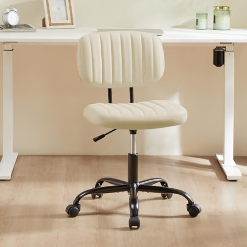Sweetcrispy Small Office Desk Chair, Armless PU Leather with Comfy Lumbar Support, Height Adjustable Rolling Swivel Task for No Arms, for Adult, Student, Bedroom, Home, Vanity, Beige White - color: Beige