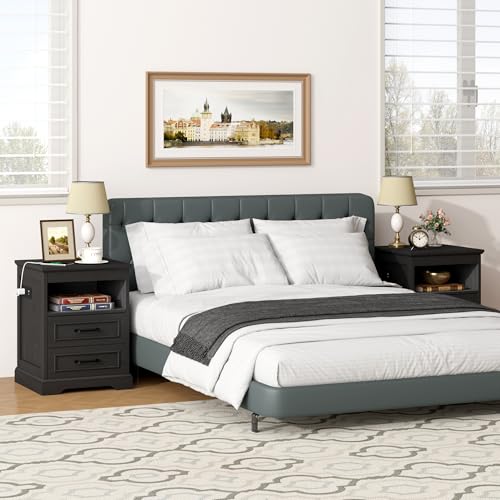 18" Farmhouse Accent Nightstand with Charging Station, Black | End Table with 3 Drawers Storage, Side Table, Bedside Cabinet for LivingRoom Bedroom Office - color: Black