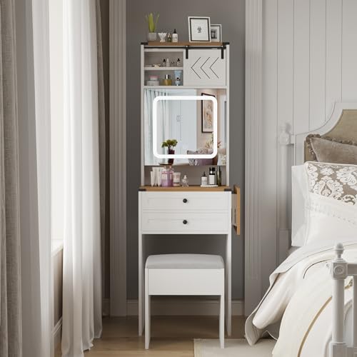 ARTETHYS Farmhouse Small Vanity Desk with Mirror Cabinet & Storage Chair | Mini Makeup Vanities Set with Fold-up Panel, White Dressing Table with 3 Adjustable Lights for Compact Space - color: White and Brown