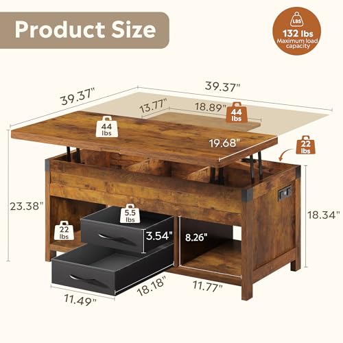 WLIVE 40" Lift Top Coffee Table, 4 in 1 Coffee Tables with Storage, 2 Fabric Drawers, LED Light and USB, Modern Coffee Table with Hidden Compartment for Living Room, Dining Room, Rustic Brown - color: Rustic Brown