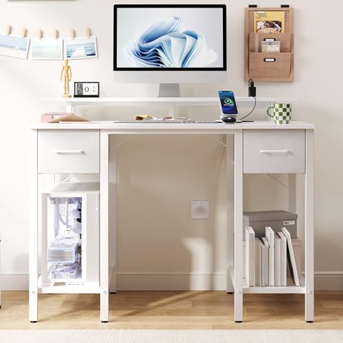 Furnify 42 Inch Computer Desk with Fabric Drawers & USB Power Outlet, White | Built-In USB Charging Station, Study Writing Table with Monitor Stand, Multifunctional Workstation for Bedroom Studyroom - color: White