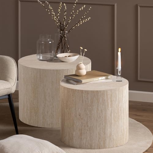 Round Nesting Coffee Table Set of 2 Modern Small Round Coffee Table Travertine Side Table Small End Table Circular Coffee Tables Circle Nested Coffee Tables for Living Room (Travertine) - color: Travertine Regular