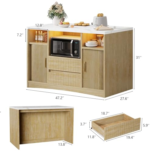 Kitchen Island with Storage, Island Table for Kitchen with Power | Outlet & LED Light, Bar Cart on Wheel Rolling Buffet Cabinet with Fluted Sliding Door, 2 Drawers, Large Countertop, Natural - color: Natural