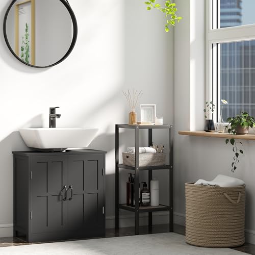 kleankin Pedestal Sink Storage Cabinet, Under Sink Cabinet with 2 Doors and Adjustable Shelf, Bathroom Vanity with U-Shape Cut-Out, Black - color: Black