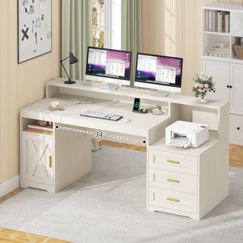 TVU 65" White Computer Desk with Drawers and Printer Stand for Home Office | Office Desk with Power Outlets and Storage Cabinet, Study Writing Desks with Long Monitor Stand - color: White