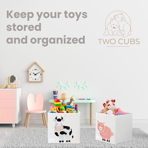 Two Cubs Foldable Kids Toy Storage Box - 13"x13" Cube Organizer Bin with Durable 2.6mm Plastic Plate Boards, Cow Design in White - Collapsible Nursery & Playroom Storage, Fits IKEA Kallax Shelves - color: Cow